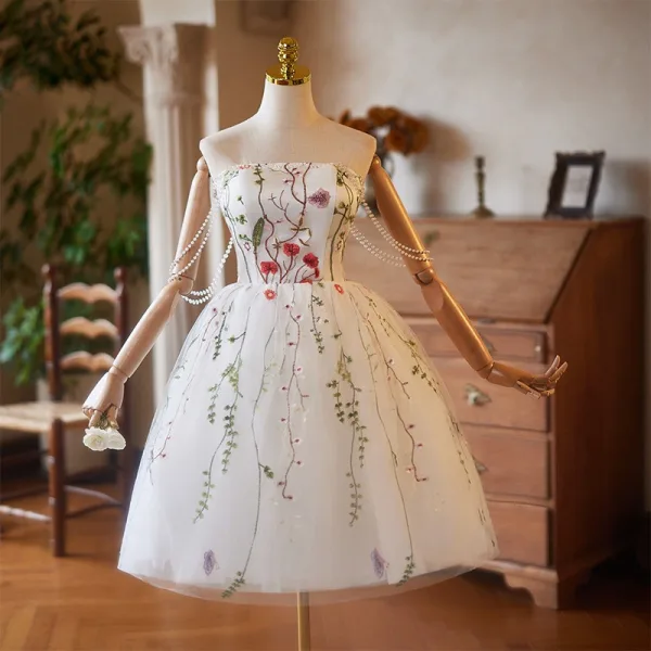 Charming White Lace Flower Homecoming Graduation Dresses 2025 Ball Gown Strapless Sleeveless Backless Floor-Length / Long Formal Dresses