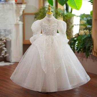 Charming White Beading Pearl Sequins Birthday Flower Girl Dresses 2023 Ball Gown High Neck Puffy Short Sleeve Backless Floor Length Long