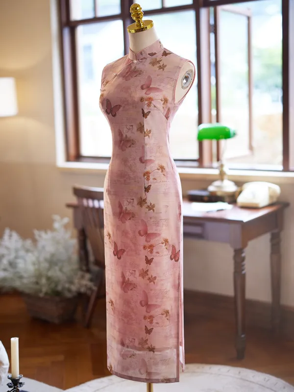 Chiński Styl Rumieniąc Różowy Motyl Druk Długość Herbaty Cheongsam 2024 Syrena / Rozkloszowane Wysokiej Szyi Bez Rękawów