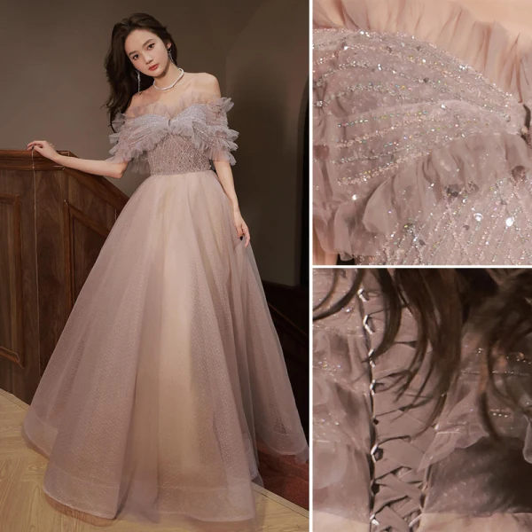 Charming Grey Beading Sequins Evening Dresses 2022 A-Line / Princess Off-The-Shoulder Short Sleeve Backless Floor-Length / Long Evening Party Prom Dresses