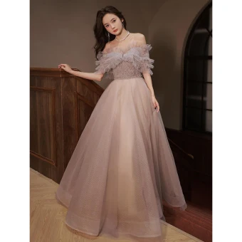 Charmant Gris Perlage Paillettes Robe De Soirée 2022 Princesse De L Épaule Manches Courtes Dos Nu Longue Soirée Robe De Bal