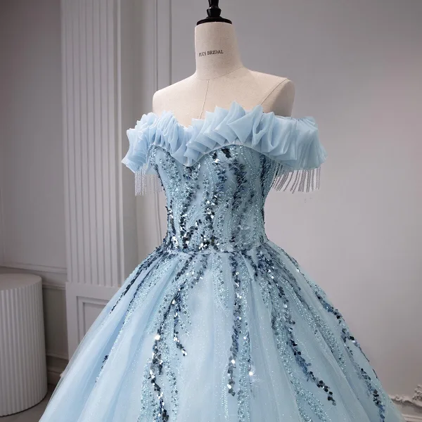 High-end Sky Blue Beading Pearl Sequins Tassel Prom Dresses 2026 Ball Gown Off-The-Shoulder Sleeveless Backless Floor-Length / Long Formal Dresses