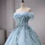 High-end Sky Blue Beading Pearl Sequins Tassel Prom Dresses 2026 Ball Gown Off-The-Shoulder Sleeveless Backless Floor-Length / Long Formal Dresses