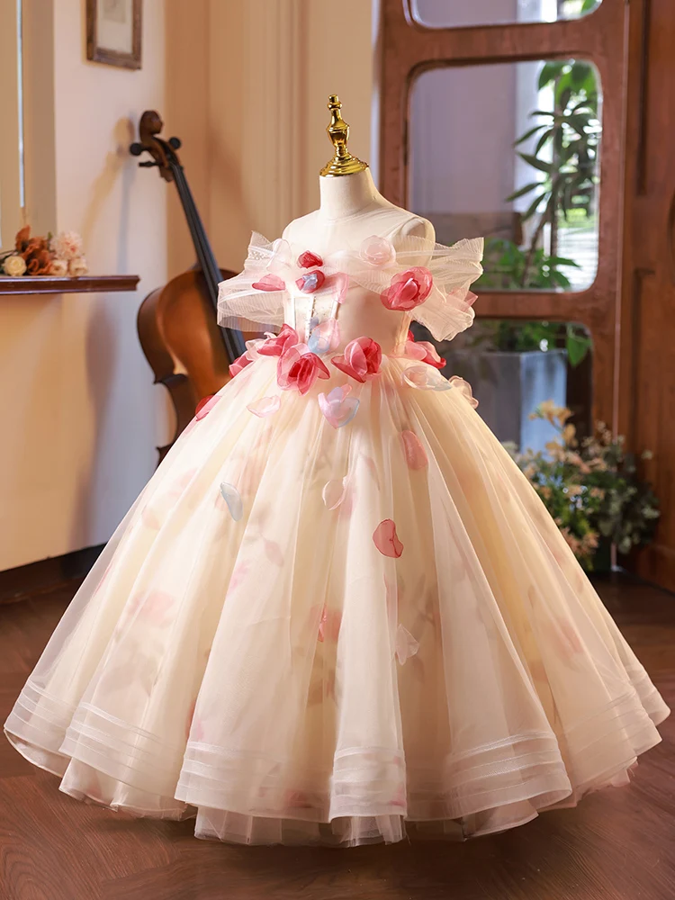 Elegant Champagne Appliques Birthday Flower Girl Dresses 2023 Ball Gown Off-The-Shoulder