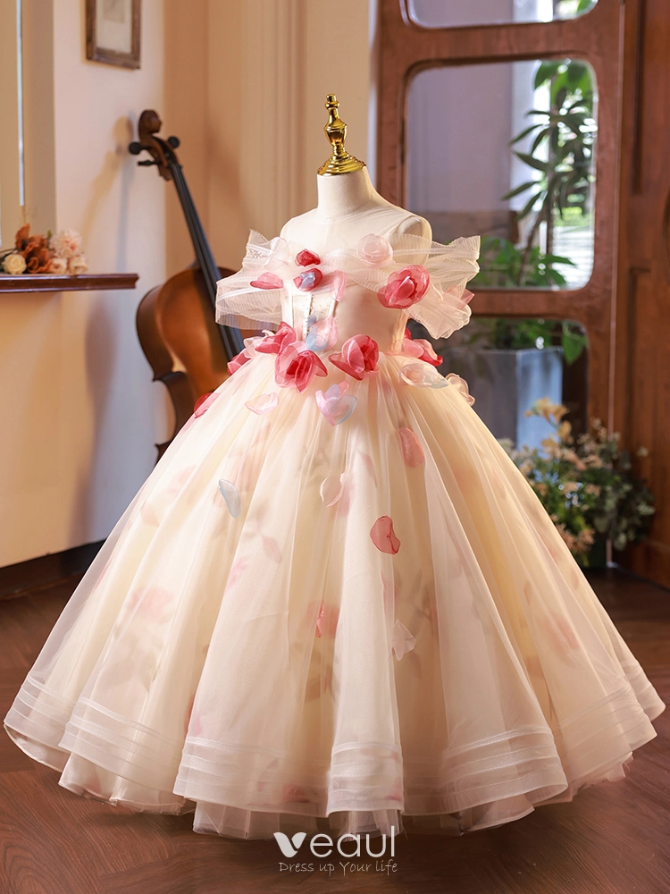 Elegantes Champan Apliques Cumpleanos Vestidos para ninas 2023 Ball Gown Fuera Del Hombro Manga Corta Sin Espalda Largos