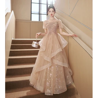 Charming Khaki Beading Sequins Cascading Ruffles Prom Dresses 2023 A Line Princess Square Neckline Short Sleeve Backless Floor Length Long Prom Formal Dresses