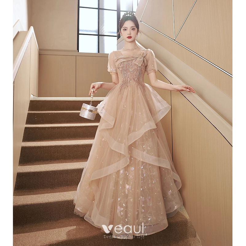 Charming Khaki Beading Sequins Cascading Ruffles Prom Dresses 2023 A Line Princess Square Neckline Short Sleeve Backless Floor Length Long Prom Formal Dresses