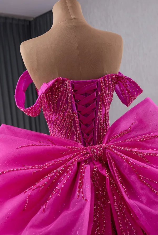 High-end Fuchsia Beading Sequins Cascading Ruffles Prom Dresses 2025 Ball Gown Off-The-Shoulder Sleeveless Backless Bow Chapel Train Prom Formal Dresses