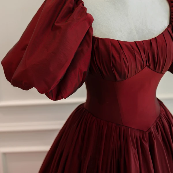 Elegant Burgundy Prom Dresses 2024 Ball Gown Square Neckline Puffy Short Sleeve Backless Bow Floor-Length / Long Prom Formal Dresses