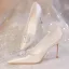 Elegante Ivory / Creme Perle Strass Leder Satin Brautschuhe 2024 8 cm Stilettos Spitzschuh Hochzeit Pumps Hochhackige