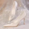 Elegant Ivory Pearl Rhinestone Leather Satin Wedding Shoes 2024 8 cm Stiletto Heels Pointed Toe Wedding Pumps High Heels