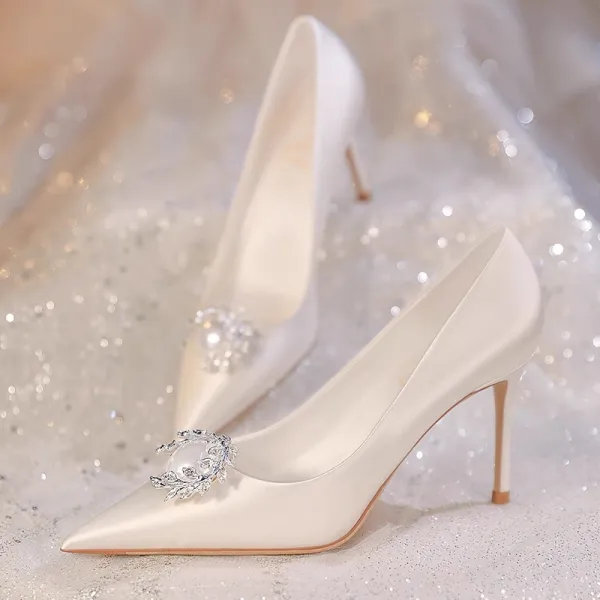 Elegant Ivory Pearl Rhinestone Leather Satin Wedding Shoes 2024 8 cm Stiletto Heels Pointed Toe Wedding Pumps High Heels