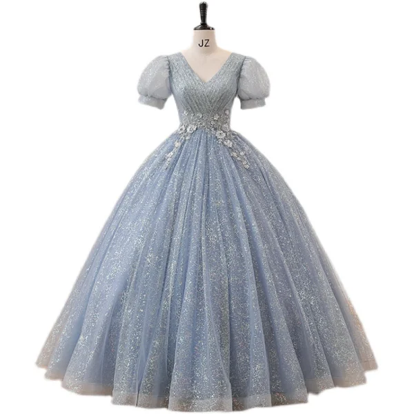 Elegant Sky Blue Lace Pearl Rhinestone Prom Dresses 2022 Ball Gown V-Neck Puffy Short Sleeve Backless Floor-Length / Long Prom Formal Dresses