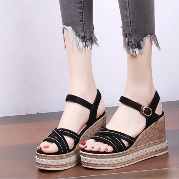 Moda Czarne Przypadkowy Warkocz Sandały Damskie 2023 Z Paskiem 9 cm Na Koturnie Peep Toe Sandały