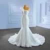 Luxury / Gorgeous White Handmade  Beading Pearl Sequins Wedding Dresses 2022 Trumpet / Mermaid One-Shoulder Sleeveless Backless Court Train Wedding