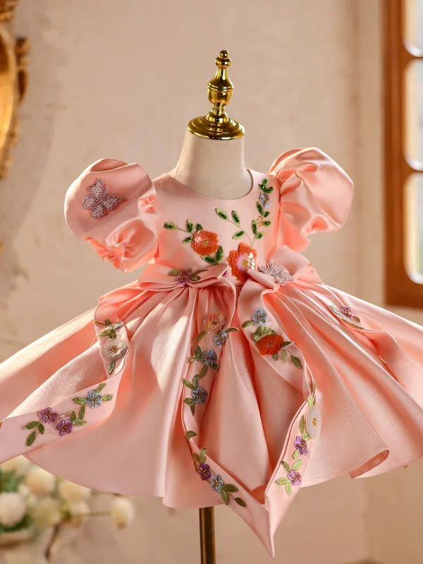 Chic / Beautiful Blushing Pink Embroidered Bow Birthday Short Flower Girl Dresses 2026 Ball Gown Scoop Neck Puffy Short Sleeve