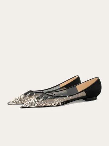 Uroczy Czarne Bal Skórzany Rhinestone Płaskie Szpiczaste Buty Damskie 2025
