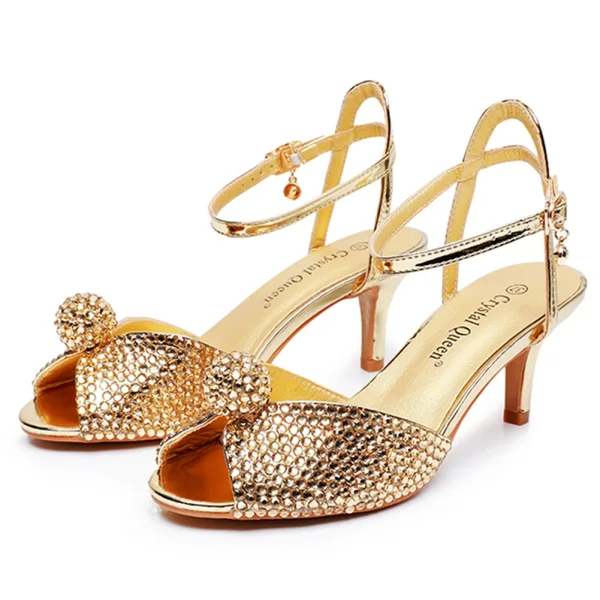 Sexy Gold Rhinestone Summer Evening Party Womens Sandals 2024 Ankle Strap 6 cm Stiletto Heels Open / Peep Toe Sandals High Heels