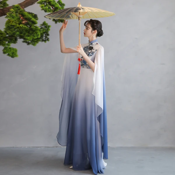 Vintage / Retro Chinese style Gradient-Color Ocean Blue Prom Dresses 2023 A-Line / Princess High Neck Short Sleeve Appliques Floor-Length / Long Prom Formal Dresses