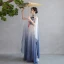 Vintage / Retro Chinese style Gradient-Color Ocean Blue Prom Dresses 2023 A-Line / Princess High Neck Short Sleeve Appliques Floor-Length / Long Prom Formal Dresses