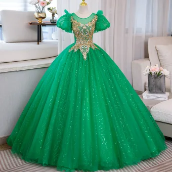 Vintage Originale Vert Perlage Paillettes En Dentelle Fleur Robe De Bal 2023 Robe Boule Encolure Dégagée Gonflée Manches Courtes Dos Nu Longue Promo Robe De Ceremonie