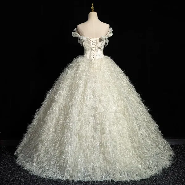 Charmant Ivory / Creme Glanz Pailletten Quaste Ballkleider 2023 Ballkleid Bandeau Schleife Ärmellos Rückenfreies Lange Festliche Kleider