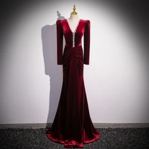 Vintage Originale Bordeaux Perlage Velours Robe De Soirée 2024 Trompette Sirène V Cou Manches Longues Dos Nu Longue Soirée Robe De Ceremonie