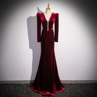 Vintage Originale Bordeaux Perlage Velours Robe De Soirée 2024 Trompette Sirène V Cou Manches Longues Dos Nu Longue Soirée Robe De Ceremonie