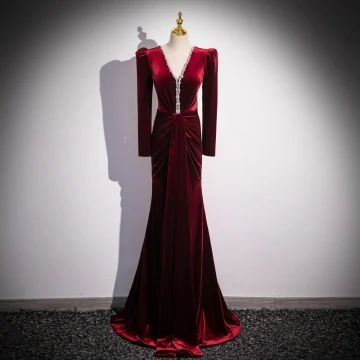 Vintage Retro Burgundy Beading Velvet Evening Dresses 2024 Trumpet Mermaid V Neck Long Sleeve Backless Floor Length Long Evening Party Formal Dresses