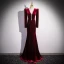 Vintage / Retro Burgundy Beading Velvet Evening Dresses 2024 Trumpet / Mermaid V-Neck Long Sleeve Backless Floor-Length / Long Evening Party Formal Dresses