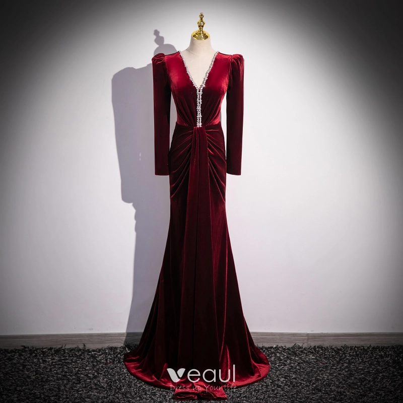 V Neck Trumpet Mermaid Backless Long Sleeve Velvet Prom Dress