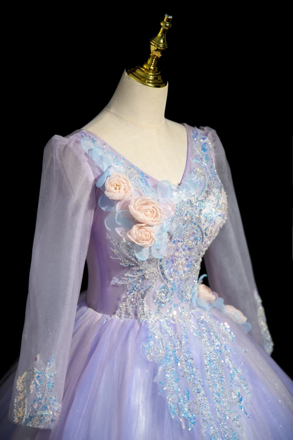 Chic / Beautiful Lavender Beading Sequins Appliques Prom Dresses 2023 Ball Gown V-Neck Long Sleeve Backless Floor-Length / Long Prom Formal Dresses