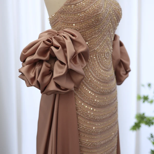 Haut de Gamme Champagne Fait main Perlage Paillettes Robe De Soirée 2024 Trompette / Sirène Bustier Volants Manches Courtes Dos Nu Longue Soirée Robe De Ceremonie