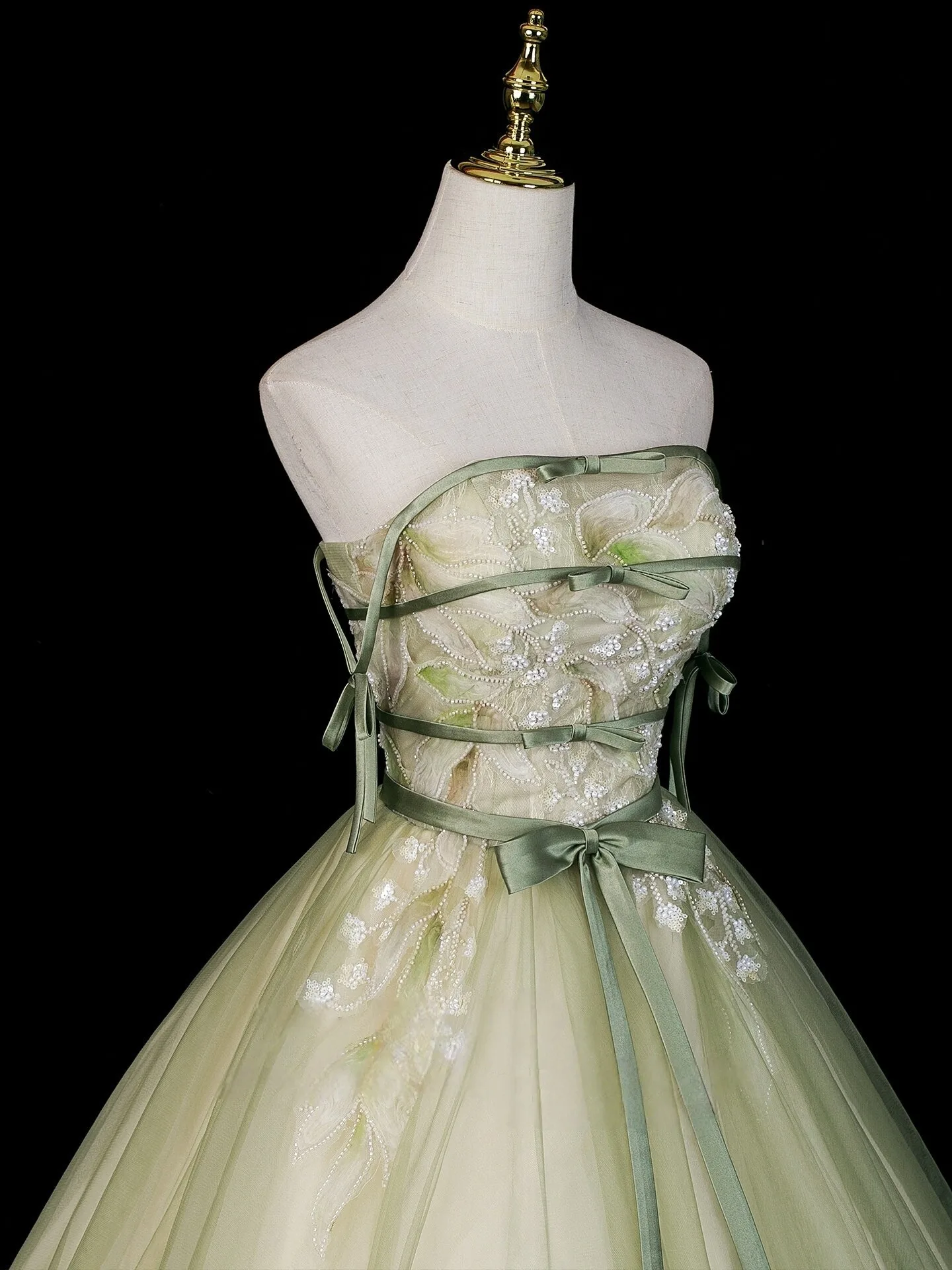 Whimsical Sage Green Beading Sequins Bow Sash Prom Dresses 2026 Ball Gown  Strapless Sleeveless Backless Floor Length Long Formal Dresses