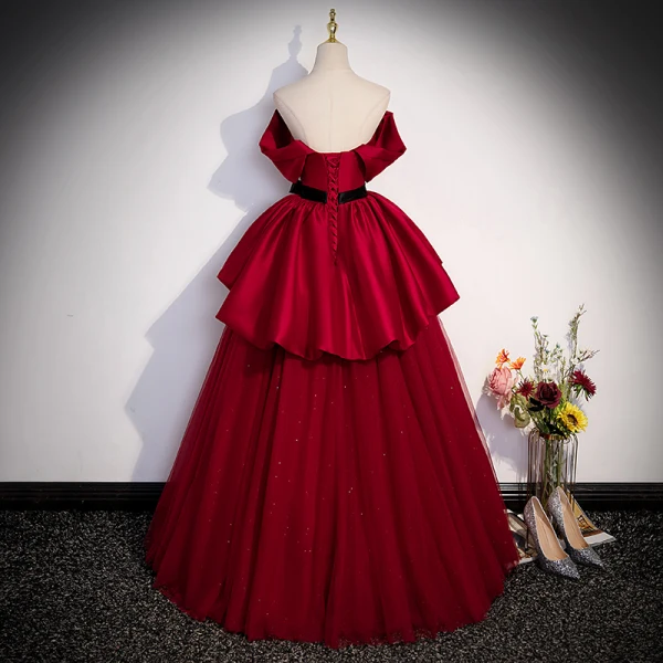 Chic / Beautiful Burgundy Prom Dresses 2023 A-Line / Princess Strapless Sleeveless Backless Bow Sash Floor-Length / Long Evening Party Formal Dresses