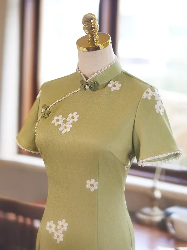 Chinese style Sage Green Floral Evening Party Cheongsam 2025 Trumpet / Mermaid High Neck Short Sleeve Floor-Length / Long Cheongsam / Qipao