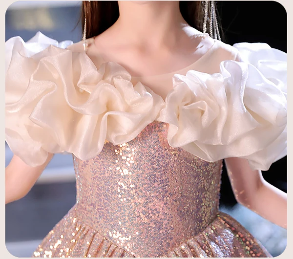 Sparkly Blushing Pink Pearl Sequins Birthday Flower Girl Dresses 2024 A-Line / Princess Scoop Neck Ruffle Short Sleeve Backless Floor-Length / Long