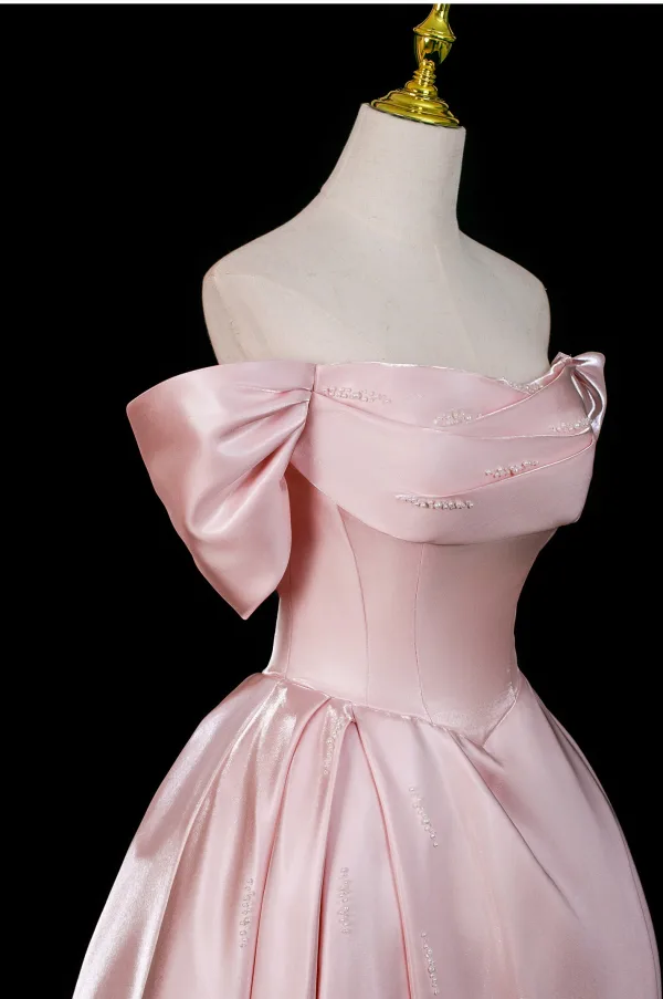 Chic / Beautiful Blushing Pink Pearl Satin Prom Dresses 2025 A-Line / Princess Off-The-Shoulder Short Sleeve Backless Floor-Length / Long Formal Dresses