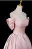 Chic / Beautiful Blushing Pink Pearl Satin Prom Dresses 2025 A-Line / Princess Off-The-Shoulder Short Sleeve Backless Floor-Length / Long Formal Dresses