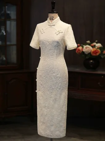 Chinese Style Beige Lace Flower Tea Length Prom Cheongsam 2025 Trumpet Mermaid High Neck Short Sleeve