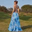 Chic / Beautiful Pool Blue Printing Beach Maxi Dresses 2022 A-Line / Princess Halter Sleeveless Backless Floor-Length / Long Women Dresses