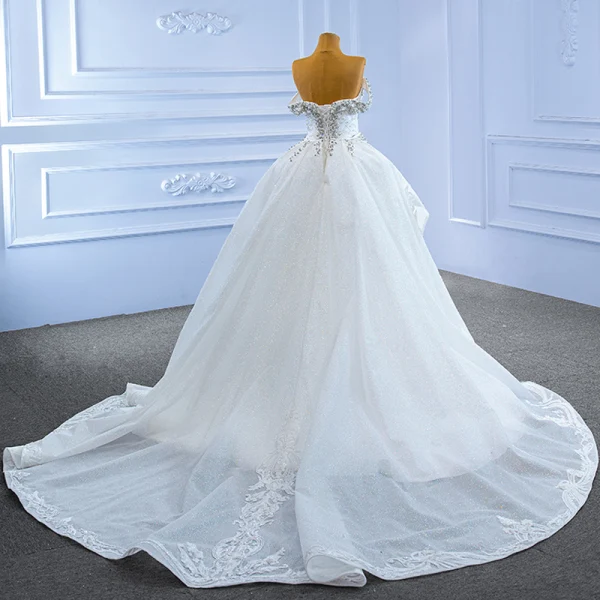 Luxe Blanche Fait main Perlage Faux Diamant Perle Paillettes Robe De Mariée 2022 Trompette / Sirène De l'épaule Manches Courtes Dos Nu Cathedral Train Mariage
