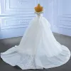 Luxury / Gorgeous White Handmade  Beading Rhinestone Pearl Sequins Wedding Dresses 2022 Trumpet / Mermaid Off-The-Shoulder Short Sleeve Backless Cathedral Train Wedding