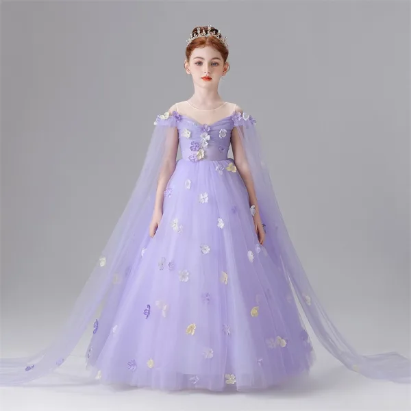 Chic / Beautiful Sky Blue Appliques Birthday Flower Girl Dresses 2025 Ball Gown Scoop Neck Short Sleeve Floor-Length / Long