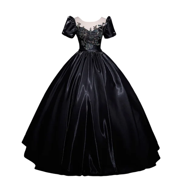 Elegant Black Beading Sequins Prom Dresses Ball Gown 2024 Scoop Neck Puffy Short Sleeve Backless Floor-Length / Long Prom Formal Dresses
