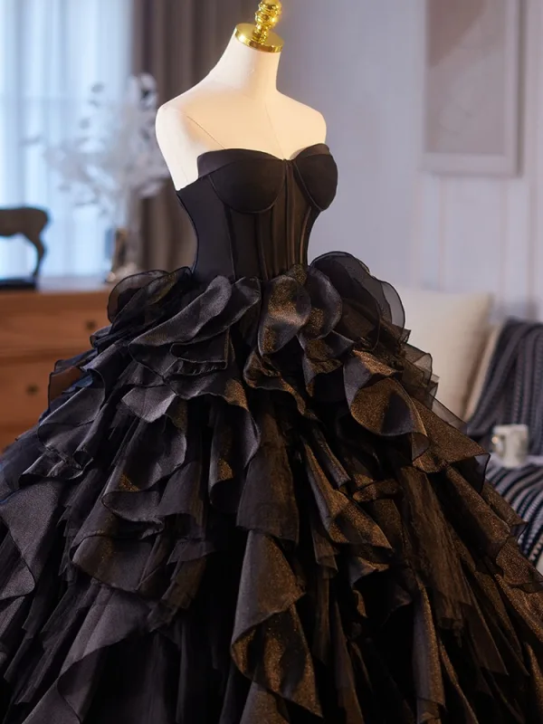 Chic / Beautiful Black Cascading Ruffles Prom Dresses 2025 Ball Gown Strapless Sleeveless Backless Floor-Length / Long Prom Formal Dresses