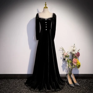 Chic Beautiful Black Velour Suede Evening Dresses 2023 A Line Princess Square Neckline Rhinestone Long Sleeve Backless Bow Sweep Train Evening Party Formal Dresses