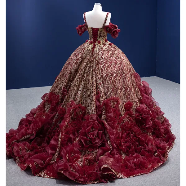 High-end Glitter Burgundy Sequins Appliques Prom Dresses 2022 Ball Gown V-Neck Short Sleeve Backless Court Train Formal Dresses