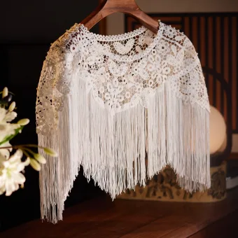 Vintage Retro White Handmade Pearl Lace Flower Tassel Shawl 2025 Scoop Neck