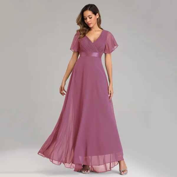 Modest / Simple Black Bridesmaid Dresses 2023 A-Line / Princess V-Neck Short Sleeve Backless Sash Floor-Length / Long Bridesmaid Dresses